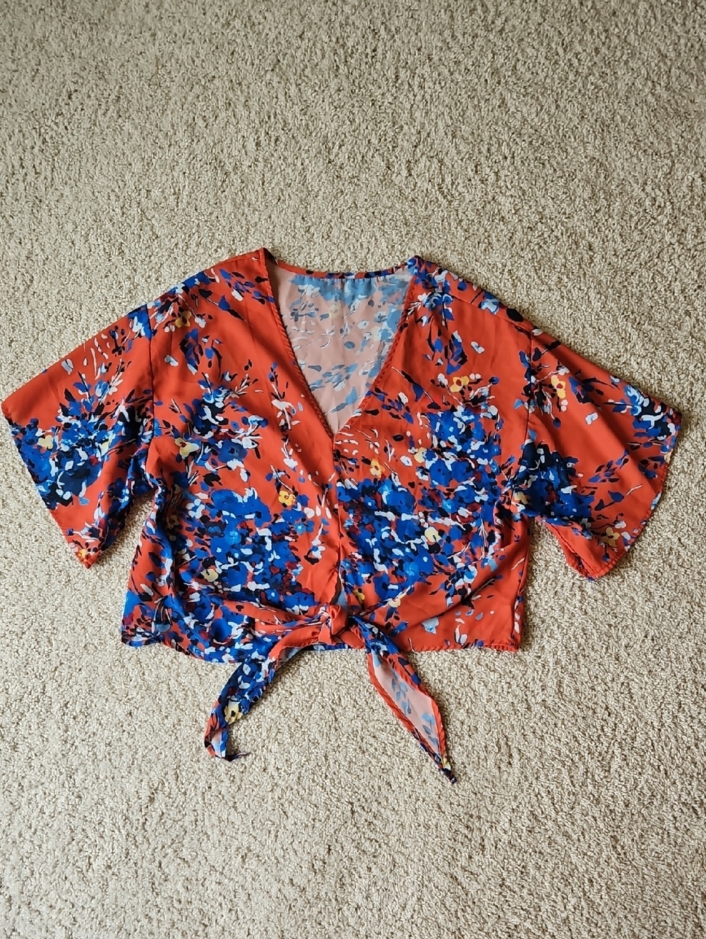 Floral Tie-Front V-Neck Women's Top in Coral and Blue